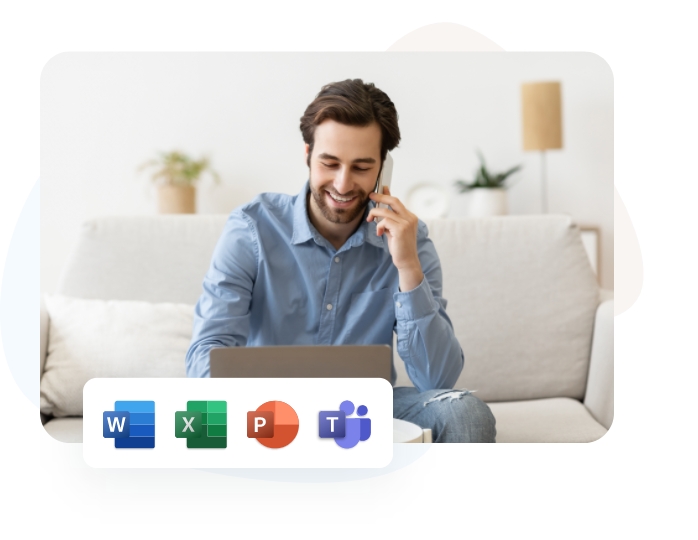 Man on phone in front of laptop discussing MS 365