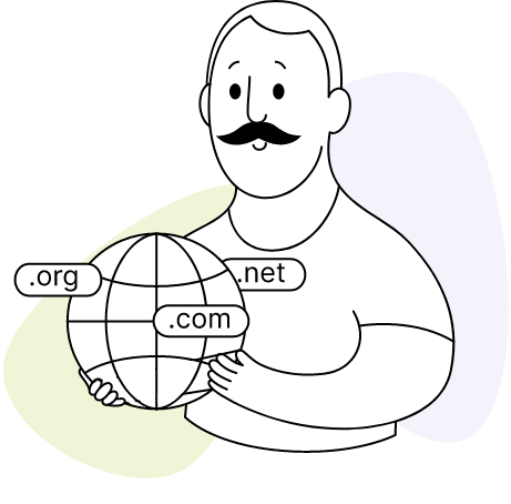A cartoon man holding a globe with the TLD's written on it.